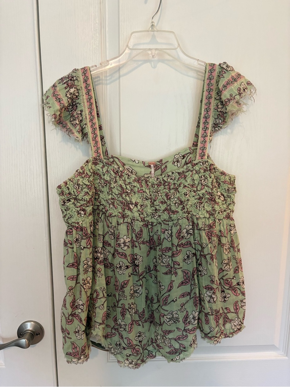 Free People Sage Green Floral Smocked Square-Neck Top